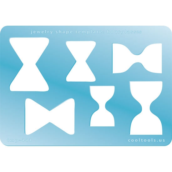 Blue plastic Jewelry Shape Template - Hourglasses 5 hourglass shapes. Sizes are from 29mm to 39mm  Our special surface makes it easy to find these templates on your workbench, but allows clarity for positioning.