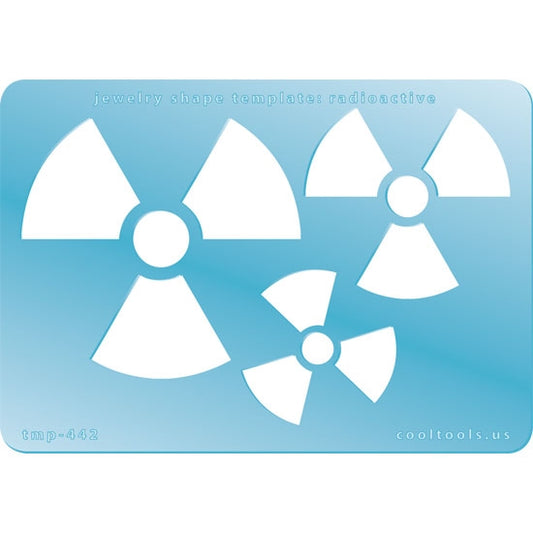 Blue plastic Jewelry Shape Template - Radioactive 3 radioactive shapes. Sizes are from 37mm to 66.5mm  Our special surface makes it easy to find these templates on your workbench, but allows clarity for positioning.