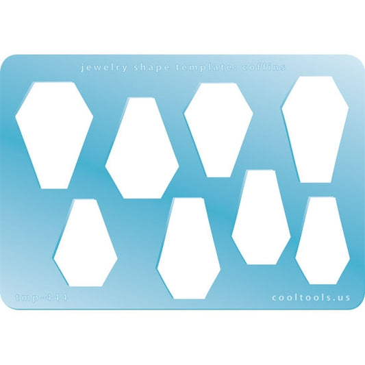 Blue plastic Jewelry Shape Template - Coffins 8 coffin shapes, 2 styles. Sizes are from 30mm to 37mm  Our special surface makes it easy to find these templates on your workbench, but allows clarity for positioning.