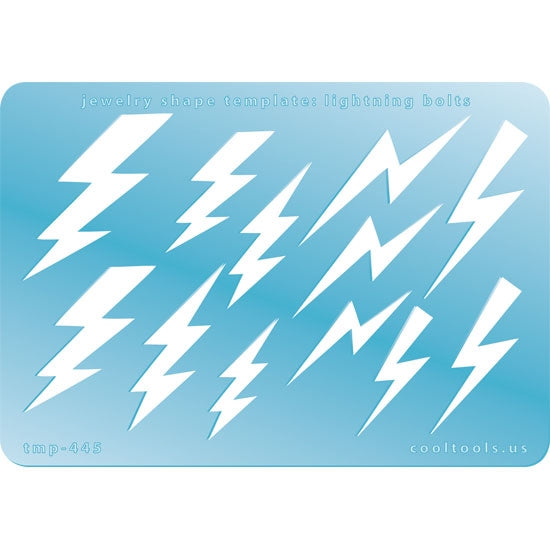 Blue plastic Jewelry Shape Template - Lightning Bolts 12 lightning bolt shapes, 4 styles. Sizes are from 32.5mm to 51.5mm  Our special surface makes it easy to find these templates on your workbench, but allows clarity for positioning.