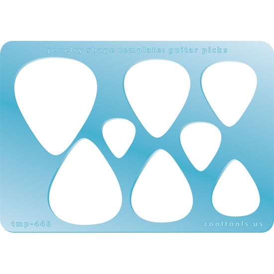 Blue plastic Jewelry Shape Template - Guitar Picks 8 guitar pick shapes. Sizes are 18mm to 45mm  Our special surface makes it easy to find these templates on your workbench, but allows clarity for positioning.