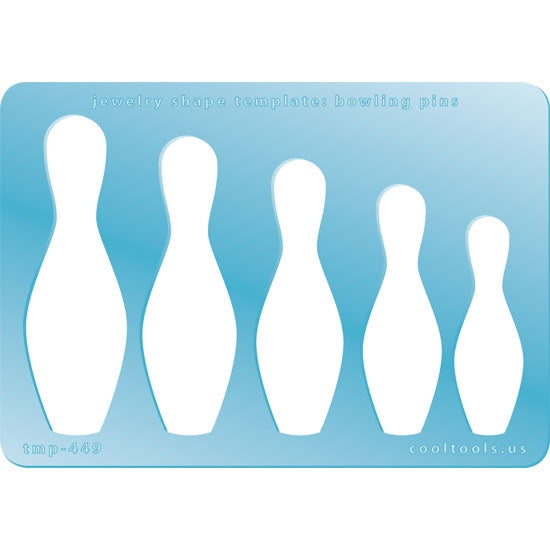 Blue plastic Jewelry Shape Template - Bowling Pins 5 bowling pin shapes. Sizes are from 50.5mm to 73.5mm  Our special surface makes it easy to find these templates on your workbench, but allows clarity for positioning.