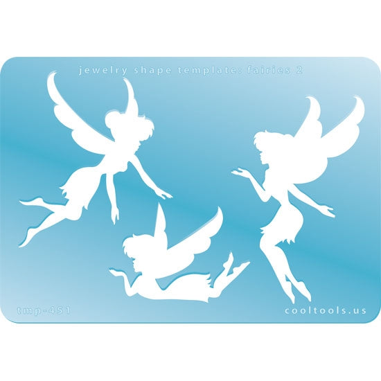 Blue plastic Jewelry Shape Template - Fairies 2 Our special surface makes it easy to find these templates on your workbench, but allows clarity for positioning. Includes 3 different fairy shapes. Sizes are from 47mm to 72mm.