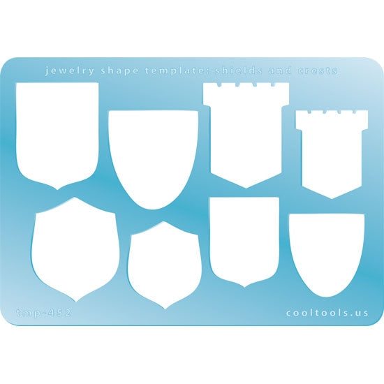 Blue plastic Jewelry Shape Template - Shields and Crests Our special surface makes it easy to find these templates on your workbench, but allows clarity for positioning. Includes 8 shield and crest shapes, 4 styles. Sizes are from 27.5mm to 35.5mm.