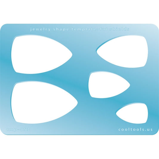 Blue plastic Jewelry Shape Template - Fat Shields Our special surface makes it easy to find these templates on your workbench, but allows clarity for positioning. Includes 5 fat shield shapes. Sizes are from 25.5mm to 53mm.