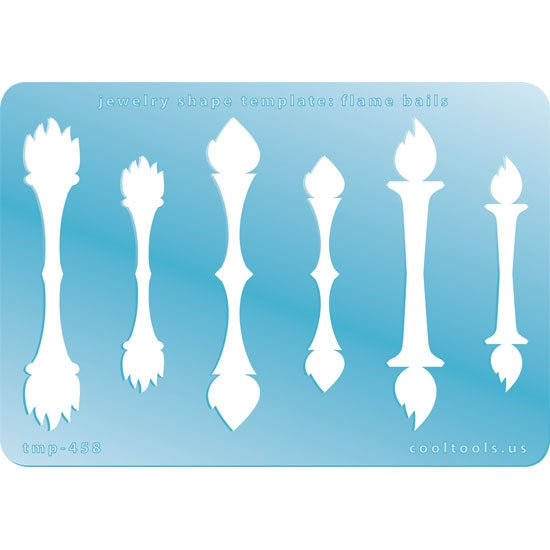 Blue plastic Jewelry Shape Template - Flame Bails Our special surface makes it easy to find these templates on your workbench, but allows clarity for positioning. Includes 3 different flame bail shapes, each in 2 sizes. 