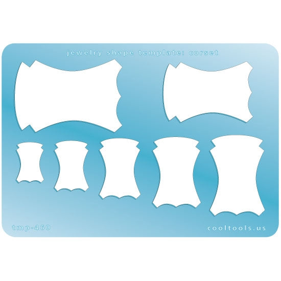 Blue plastic Jewelry Shape Template - Corset Our special surface makes it easy to find these templates on your workbench, but allows clarity for positioning. Includes 7 corset shapes. Sizes are from 18mm to 49mm.