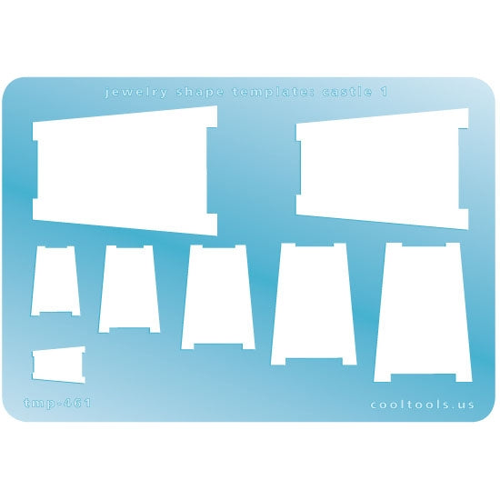 Blue plastic Jewelry Shape Template - Castle 1 Our special surface makes it easy to find these templates on your workbench, but allows clarity for positioning. Includes 8 castle shapes. Sizes are from 13.5mm to 48mm.