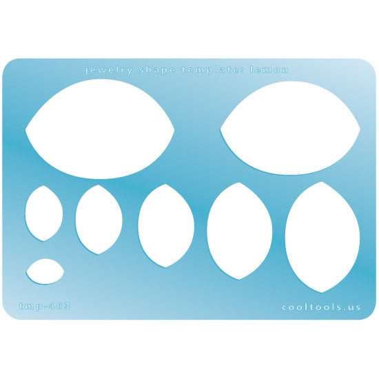 Blue plastic Jewelry Shape Template - Lemon Our special surface makes it easy to find these templates on your workbench, but allows clarity for positioning. Includes 8 lemon shapes. Sizes are from 12mm to 51mm.