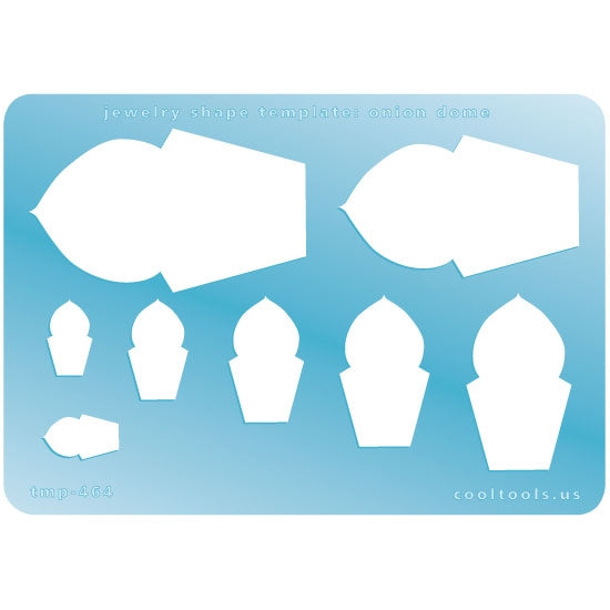 Blue plastic Jewelry Shape Template - Onion Dome Our special surface makes it easy to find these templates on your workbench, but allows clarity for positioning. Includes 8 onion dome shapes. Sizes are from 16mm to 58mm. 