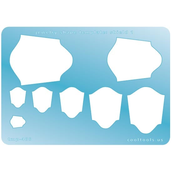 Blue plastic Jewelry Shape Template - Shield 1 Our special surface makes it easy to find these templates on your workbench, but allows clarity for positioning. Includes 8 shield shapes. Sizes are from 9mm to 40mm.