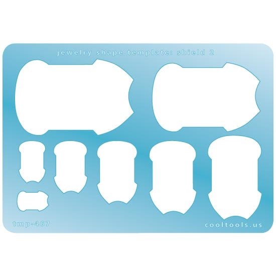 Blue plastic Jewelry Shape Template - Shield 2 Our special surface makes it easy to find these templates on your workbench, but allows clarity for positioning. Includes 8 shield shapes. Sizes are from 9mm to 35mm. 