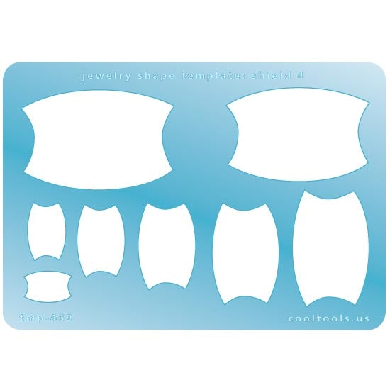 Blue plastic Jewelry Shape Template - Shield 4 Our special surface makes it easy to find these templates on your workbench, but allows clarity for positioning. Includes 8 shield shapes. Sizes are from 10mm to 33mm.