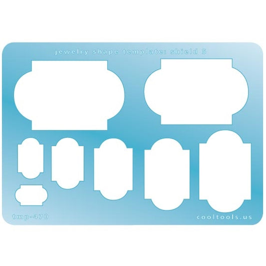 Blue plastic Jewelry Shape Template - Shield 5 Our special surface makes it easy to find these templates on your workbench, but allows clarity for positioning. Includes 8 shield shapes. Sizes are from 10mm to 34mm.