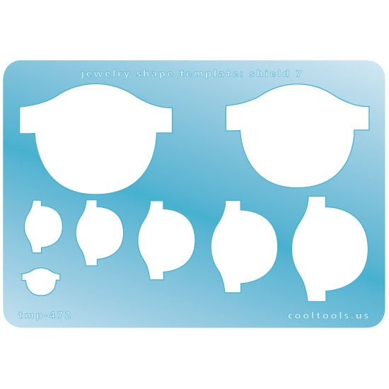 Blue plastic Jewelry Shape Template - Shield 7 Our special surface makes it easy to find these templates on your workbench, but allows clarity for positioning. Includes 8 shield shapes. Sizes are from 9mm to 36mm.