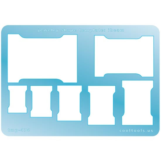 Blue plastic Jewelry Shape Template - I beam Our special surface makes it easy to find these templates on your workbench, but allows clarity for positioning. Includes 7 I beam shapes. Sizes are from 16m to 38mm.