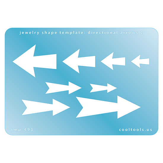 Blue plastic Jewelry Shape Template - Directional Arrows 2 Our special surface makes it easy to find these templates on your workbench, but allows clarity for positioning. Use smaller shapes for embossing or enamel stencils. Includes 8 arrow shapes. Sizes are from 15mm to 53.5mm.