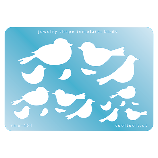 Blue plastic Jewelry Shape Template - Birds Our special surface makes it easy to find these templates on your workbench, but allows clarity for positioning. Use smaller shapes for embossing or enamel stencils. Includes 18 bird shapes. Sizes are from 5.5mm to 47.5mm.