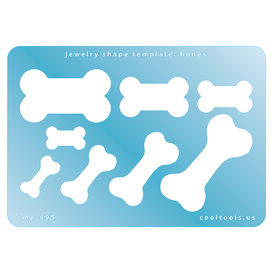 Blue plastic Jewelry Shape Template - Bones Our special surface makes it easy to find these templates on your workbench, but allows clarity for positioning. Use smaller shapes for embossing or enamel stencils. Includes 8 bone shapes. Sizes are from 19mm to 49mm.