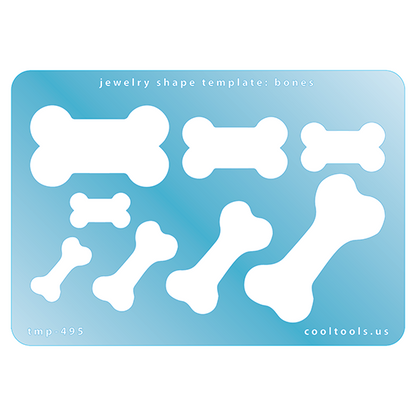 Blue plastic Jewelry Shape Template - Bones Our special surface makes it easy to find these templates on your workbench, but allows clarity for positioning. Use smaller shapes for embossing or enamel stencils. Includes 8 bone shapes. Sizes are from 19mm to 49mm.