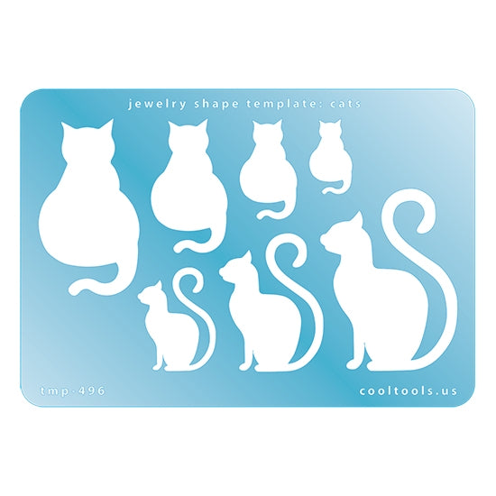 Blue plastic Jewelry Shape Template - Cats Our special surface makes it easy to find these templates on your workbench, but allows clarity for positioning. Use smaller shapes for embossing or enamel stencil. Includes 7 cat shapes. Sizes are from 20mm to 50mm.