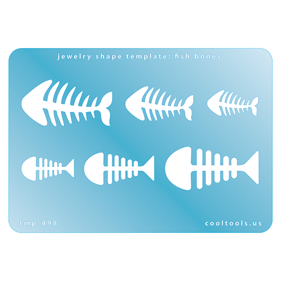 Blue plastic Jewelry Shape Template - Fish Bones Our special surface makes it easy to find these templates on your workbench, but allows clarity for positioning. Use smaller shapes for embossing or enamel stencils. Includes 6 fish bone shapes. Sizes are from 25mm to 46mm.