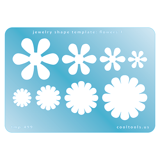 Blue plastic Jewelry Shape Template - Flowers 1 Our special surface makes it easy to find these templates on your workbench, but allows clarity for positioning. Use smaller shapes for embossing or enamel stencils. Includes 8 flower shapes. Sizes are from 15.5mm to 39mm.