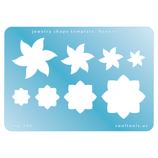  Blue plastic Jewelry Shape Template - Flowers 2 Our special surface makes it easy to find these templates on your workbench, but allows clarity for positioning. Use smaller shapes for embossing or enamel stencils. Includes 8 flower shapes. Sizes are from 15mm to 37.5mm.