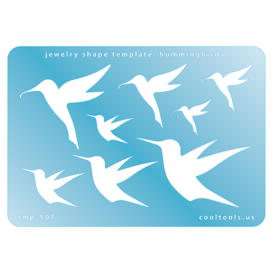 Blue plastic Jewelry Shape Template - Hummingbirds Our special surface makes it easy to find these templates on your workbench, but allows clarity for positioning. Use smaller shapes for embossing or enamel stencils. Includes 8 hummingbird shapes. Sizes are from 14 mm to 60mm.