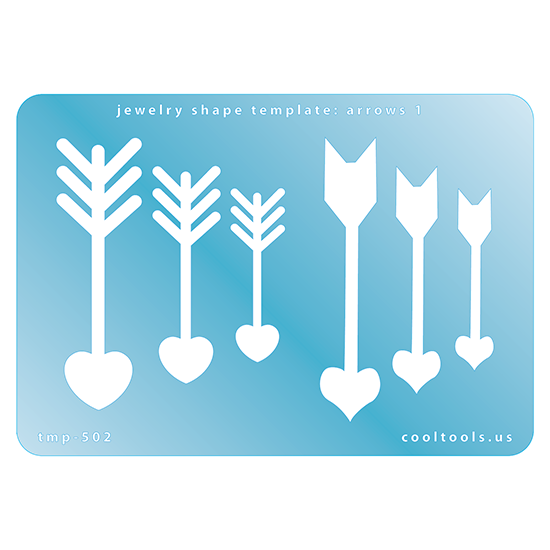 Blue plastic Jewelry Shape Template - Arrows 1 Our special surface makes it easy to find these templates on your workbench, but allows clarity for positioning. Use smaller shapes for embossing or enamel stencils. Includes 6 arrow shapes. Sizes are from 14mm to 60mm.