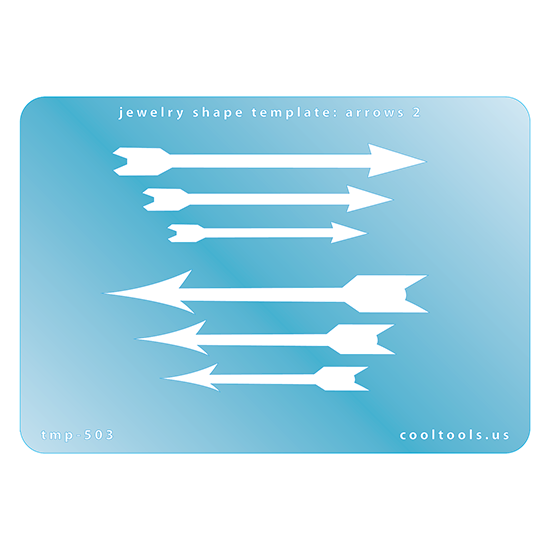       Blue plastic Jewelry Shape Template - Arrows 2 Our special surface makes it easy to find these templates on your workbench, but allows clarity for positioning. Use smaller shapes for embossing or enamel stencils. Includes 6 arrow shapes. Sizes are from 49mm to 76mm.