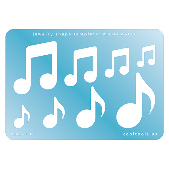 Blue plastic Jewelry Shape Template - Music Notes Our special surface makes it easy to find these templates on your workbench, but allows clarity for positioning. Use smaller shapes for embossing or enamel stencils. Includes 8 music note shapes. Sizes are from 19mm to 51.5mm. 