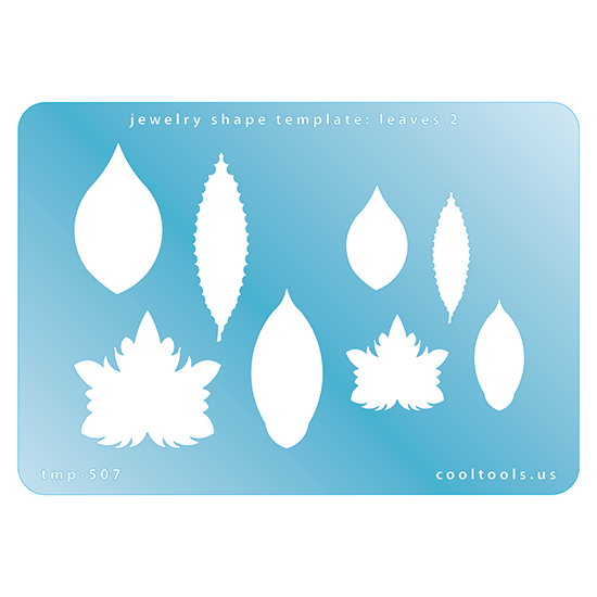 Blue plastic Jewelry Shape Template - Leaves 2 Our special surface makes it easy to find these templates on your workbench, but allows clarity for positioning. Use smaller shapes for embossing or enamel stencils. Includes 8 leaf shapes. Sizes are from 23mm to 42mm.