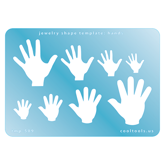 Blue plastic Jewelry Shape Template - Hands Our special surface makes it easy to find these templates on your workbench, but allows clarity for positioning. Use smaller shapes for embossing or enamel stencils. Includes 8 hand shapes. Sizes are from 10mm to 35mm.