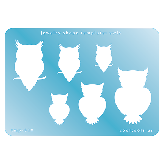 Blue plastic Jewelry Shape Template - Owls Our special surface makes it easy to find these templates on your workbench, but allows clarity for positioning. Use smaller shapes for embossing or enamel stencils. Includes 6 owl shapes. Sizes are from 23mm to 47mm.