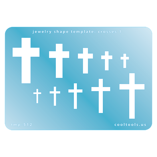 Blue plastic Jewelry Shape Template - Crosses 1 Our special surface makes it easy to find these templates on your workbench, but allows clarity for positioning. Use smaller shapes for embossing or enamel stencils. Includes 10 cross shapes. Sizes are from 12mm to 39mm.