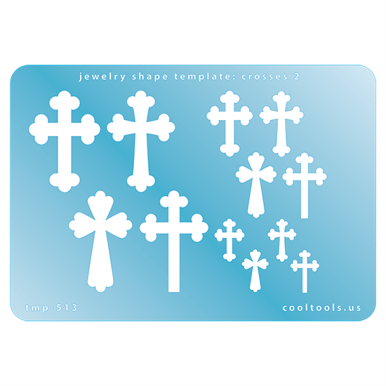 Blue plastic Jewelry Shape Template - Crosses 2 Our special surface makes it easy to find these templates on your workbench, but allows clarity for positioning. Use smaller shapes for embossing or enamel stencils. Includes 12 cross shapes. Sizes are from 14mm to 35mm.