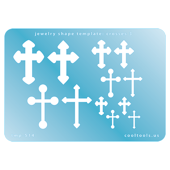 Blue plastic Jewelry Shape Template - Crosses 3 Our special surface makes it easy to find these templates on your workbench, but allows clarity for positioning. Use smaller shapes for embossing or enamel stencils. Includes 12 cross shapes. Sizes are from 14mm to 35mm.