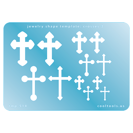 Blue plastic Jewelry Shape Template - Crosses 3 Our special surface makes it easy to find these templates on your workbench, but allows clarity for positioning. Use smaller shapes for embossing or enamel stencils. Includes 12 cross shapes. Sizes are from 14mm to 35mm.