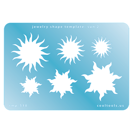 Blue plastic Jewelry Shape Template - Sun 2 Our special surface makes it easy to find these templates on your workbench, but allows clarity for positioning. Use smaller shapes for embossing or enamel stencils. Includes 6 shapes. Sizes are from 22mm to 41mm. 