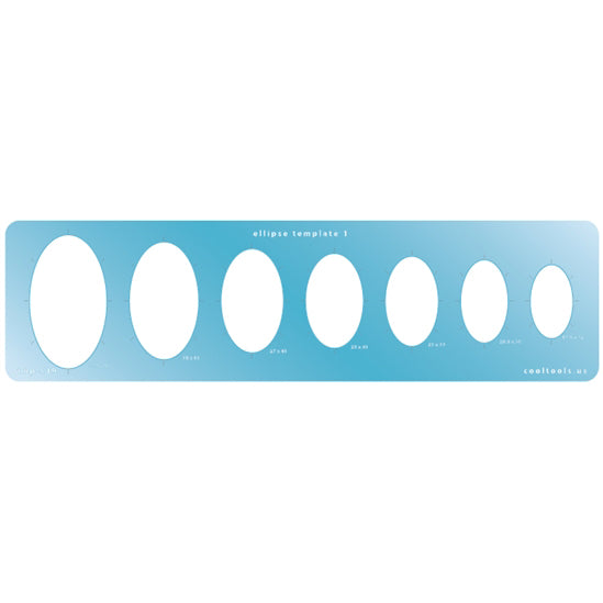 Blue plastic Jewelry Shape Template - Ellipse 1 Our special surface makes it easy to find these templates on your workbench, but allows clarity for positioning. Includes 8 ellipse shapes. Sizes are from 18.5mm x 32mm to 33.5mm x 58mm. 