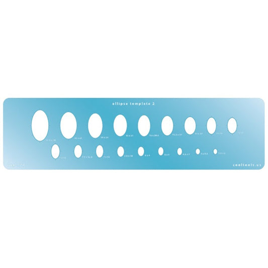 Blue plastic Jewelry Shape Template - Ellipse 2 Our special surface makes it easy to find these templates on your workbench, but allows clarity for positioning. Includes 18 ellipse shapes. Sizes are from 3.5mm x 5mm to 16.5mm x 30mm.