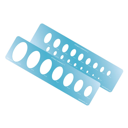 Blue plastic Jewelry Shape Template - Ellipse - Set of 2 2 ellipse shape templates. Ellipse template 1: 8 ellipse shapes. Sizes are from 18.5mm x 32mm to 33.5mm x 58mm. Ellipse template 2: 18 ellipse shapes. Sizes are from 3.5mm x 5mm to 16.5mm x 30mm Our special surface makes it easy to find these templates on your workbench, but allows clarity for positioning.