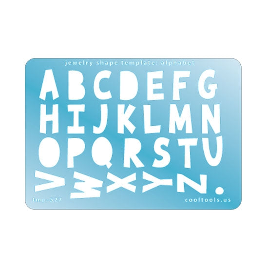 Blue plastic Jewelry Shape Template - Alphabet Our special surface makes it easy to find these templates on your workbench, but allows clarity for positioning. Use smaller shapes for embossing or enamel stencils. Includes 26 alphabetic characters. Sizes are from 7mm to 16mm.