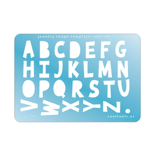 Blue plastic Jewelry Shape Template - Alphabet Our special surface makes it easy to find these templates on your workbench, but allows clarity for positioning. Use smaller shapes for embossing or enamel stencils. Includes 26 alphabetic characters. Sizes are from 7mm to 16mm.