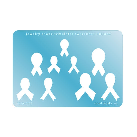 Blue plastic Jewelry Shape Template - Awareness Ribbons Our special surface makes it easy to find these templates on your workbench, but allows clarity for positioning. Use smaller shapes for embossing or enamel stencils. Includes 9 awareness ribbon shapes. Sizes are from 10mm to 24mm.