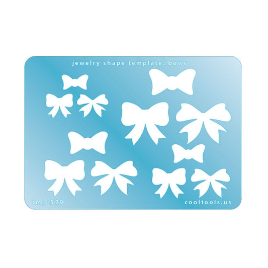 Blue plastic Jewelry Shape Template - Bows Our special surface makes it easy to find these templates on your workbench, but allows clarity for positioning. Use smaller shapes for embossing or enamel stencils. Includes 12 bow shapes. Sizes are from 15mm to 32mm. 