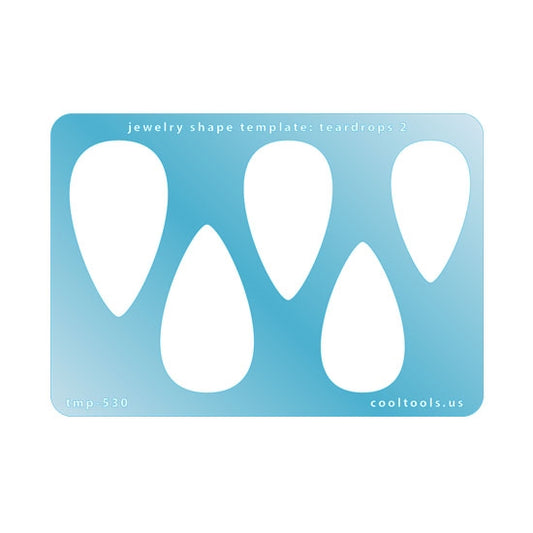 Blue plastic Jewelry Shape Template - Teardrops 2 Our special surface makes it easy to find these templates on your workbench, but allows clarity for positioning. Use smaller shapes for embossing or enamel stencils. Includes 5 teardrop shapes. Sizes are from 24mm to 29mm.