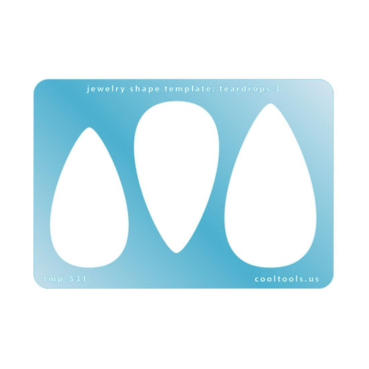 Blue plastic Jewelry Shape Template - Teardrops 3 Our special surface makes it easy to find these templates on your workbench, but allows clarity for positioning. Use smaller shapes for embossing or enamel stencils. Includes 3 teardrop shapes. Sizes are from 30mm to 40mm.