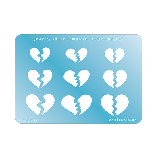 Blue plastic Jewelry Shape Template - Broken Hearts Our special surface makes it easy to find these templates on your workbench, but allows clarity for positioning. Use smaller shapes for embossing or enamel stencils. Includes 9 broken heart shapes. Sizes are from 20mm to 30mm.